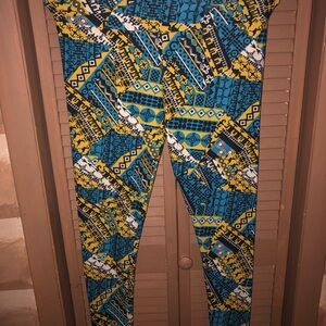 LuLaRoe Blue and Yellow Patterned Leggings